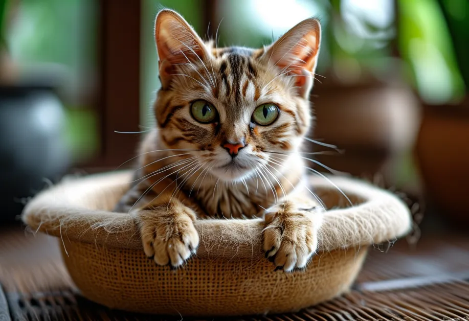 แมวน้อยกำลังสนุกกับของเล่นลับเล็บที่เหมาะสม ช่วยเบี่ยงเบนความสนใจจากการข่วนเฟอร์นิเจอร์