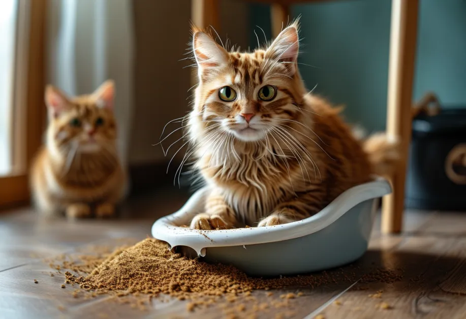 ภาพประกอบการฝึกแมว: แมวกำลังใช้กระบะทรายบนพื้นที่ยกสูงในห้องน้ำ แสดงขั้นตอนการปรับตัวของแมวให้คุ้นเคยกับพื้นที่ยกสูงเพื่อเตรียมตัวสำหรับการใช้โถสุขภัณฑ์