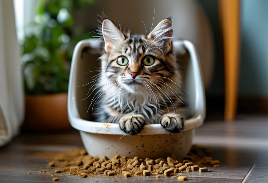 ภาพประกอบการฝึกแมว: แมวกำลังนั่งบนกระบะทรายที่ย้ายมาใกล้ชักโครก สื่อถึงกระบวนการเปลี่ยนแปลงที่ช่วยให้แมวปรับตัวและคุ้นเคยกับพื้นที่ใหม่