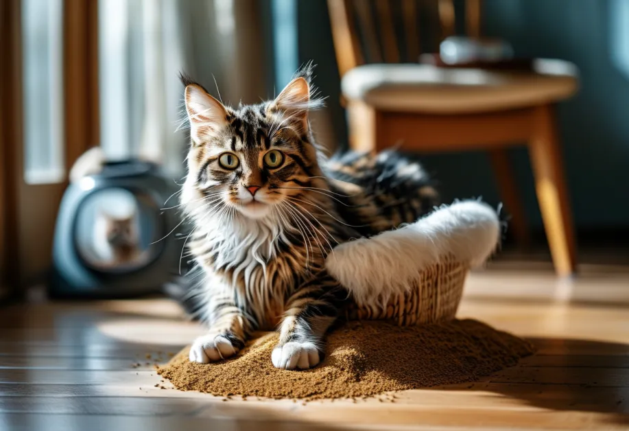 ภาพประกอบการฝึกแมว: แมวกำลังสำรวจพื้นที่ฝึกในห้องน้ำ แสดงถึงขั้นตอนเริ่มต้นของการปรับตัวของแมวในกระบวนการฝึกใช้ห้องน้ำ