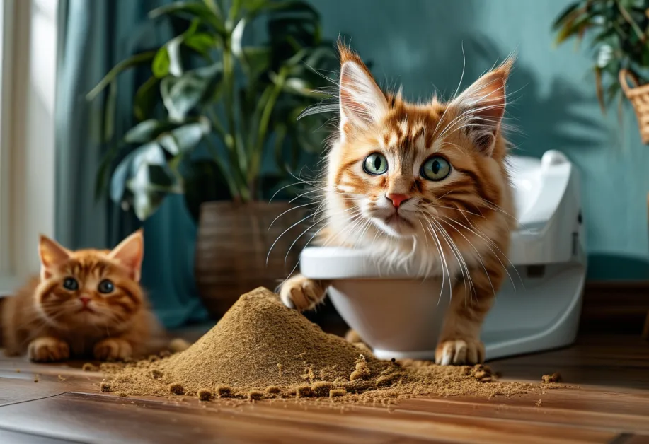 ภาพประกอบการฝึกพฤติกรรมแมว: แมวกำลังเริ่มต้นใช้กระบะทรายในห้องน้ำ แสดงถึงขั้นตอนแรกของการฝึกฝนให้แมวคุ้นเคยกับการใช้งานพื้นที่ทำธุระในห้องน้ำ