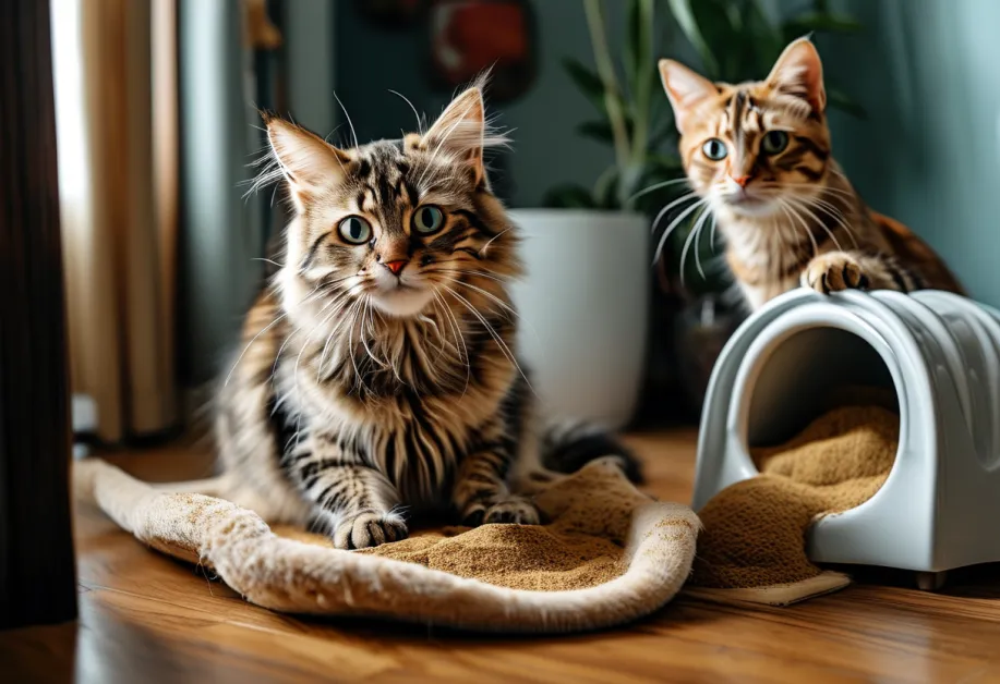 ภาพประกอบการฝึกพฤติกรรมแมว: แมวน่ารักกำลังนั่งมองกระบะทรายในบ้าน แสดงถึงขั้นตอนเริ่มต้นในการฝึกแมวให้คุ้นเคยกับพื้นที่ห้องน้ำ เหมาะสำหรับเจ้าของที่เริ่มต้นฝึกพฤติกรรม