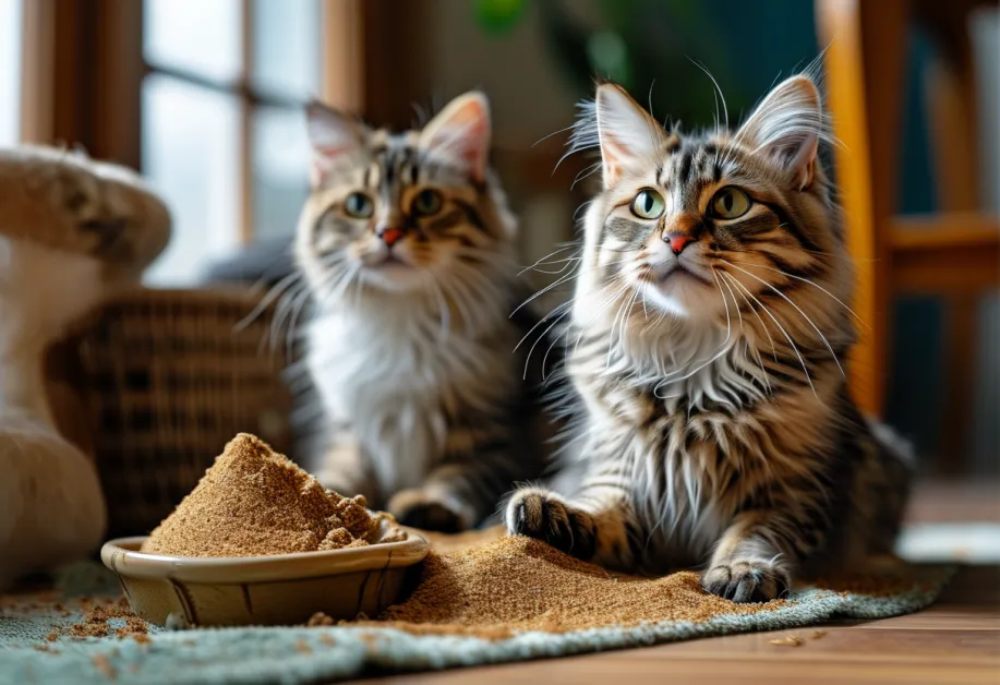 ภาพประกอบการฝึกแมว: แมวกำลังนั่งบนกระบะทรายใกล้ชักโครก แสดงถึงขั้นตอนแรกของการฝึกให้แมวปรับตัวกับพื้นที่ใหม่ในกระบวนการเรียนรู้การใช้ห้องน้ำ