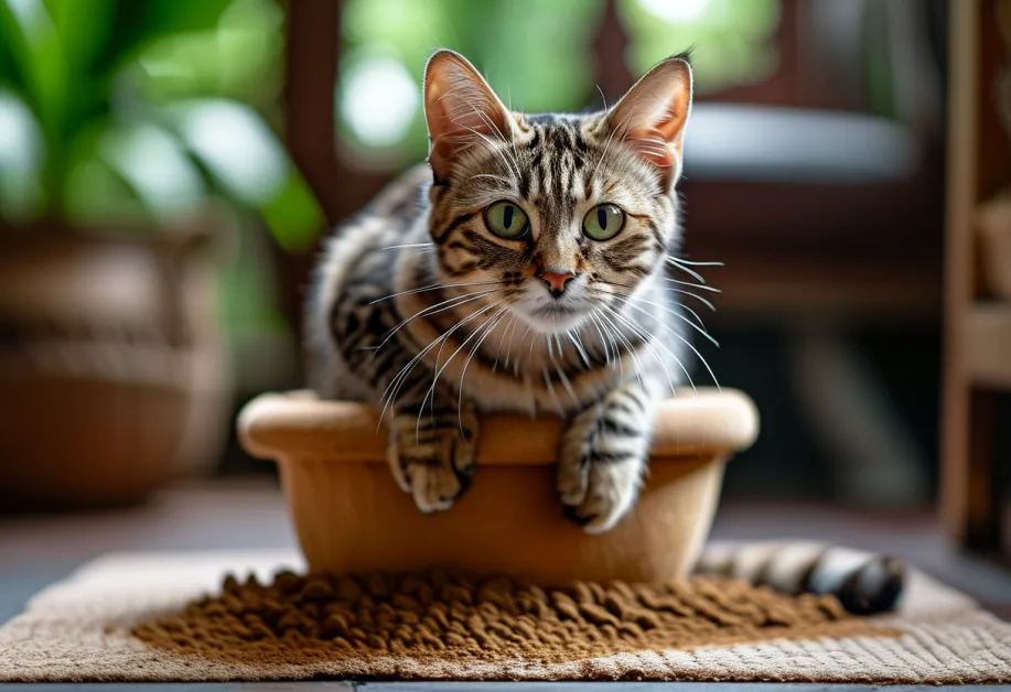 แมวอยู่บนชุดฝึกที่นั่งห้องน้ำ ค่อยๆ ปรับเปลี่ยนจากกระบะทรายเป็นโถส้วมอย่างมั่นใจและเป็นระบบ