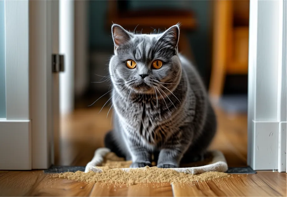 แมวฝึกใช้ที่นั่งฝึกฝึกขับถ่ายหน้าประตู เสมือนเข้าห้องน้ำ ด้วยการเสริมแรงบวกและบรรยากาศที่ผ่อนคลาย ช่วยให้การฝึกประสบความสำเร็จ