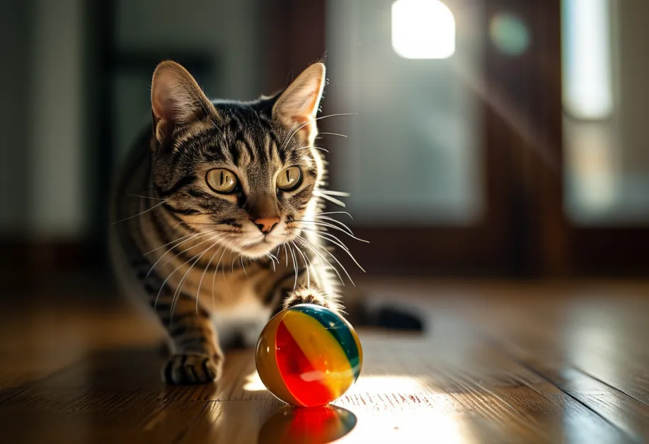 ลูกบอลแมวพร้อมลวดลายสดใส ขนาดเหมาะสำหรับการวิ่งไล่และจับในพื้นที่จำกัด