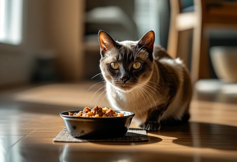 แมวตัวน้อยกำลังเพลิดเพลินกับอาหารแห้งสูตรพิเศษ ช่วยลดปัญหาแพ้และเสริมสร้างภูมิคุ้มกัน