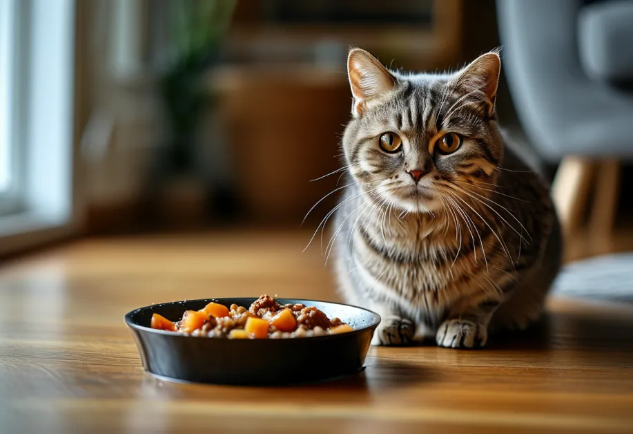 แมวเลียปากด้วยรอยยิ้มหลังลิ้มรสอาหารลดน้ำหนัก - อาหารลดน้ำหนักที่ช่วยเสริมสุขภาพและความสมดุลของแมว