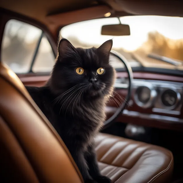 แมวสีดำเปอร์เซียบนรถเก่า