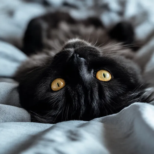 แมวเปอร์เซียสีดำน่ารักนอนหงายท้องบนเตียงนอน